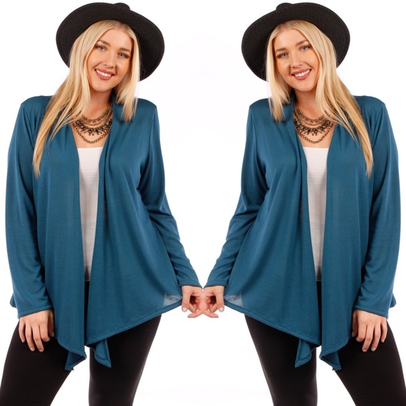 Sweaters - 1x-3x PlusWaterfal Draped Open Knit Cardigan TEAL